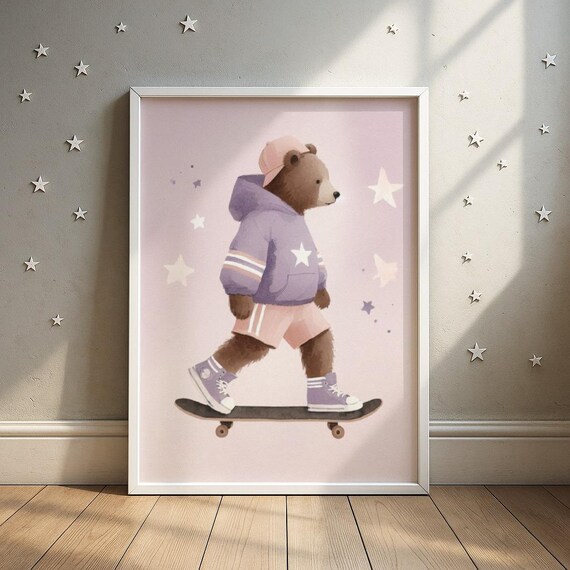 Cute Bear Skating Lilac Hoodie Pink Cap Starry Kids Room Art Print