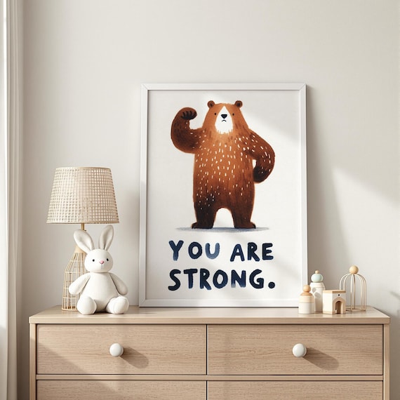 You Are Strong Flexing Bear Quote Confidence Kids Room Poster