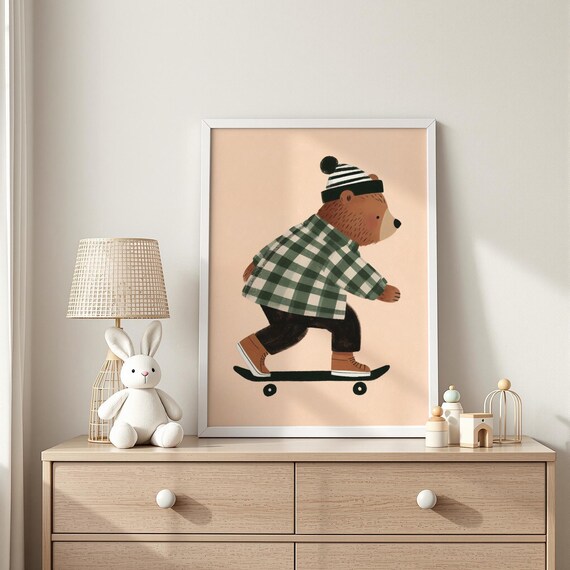 Cool Bear Skateboarder in Plaid Shirt and Beanie Kids Room Wall Art