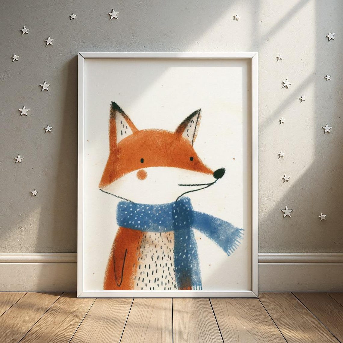 Cute Red Fox Wearing a Blue Scarf Woodland Nursery Art Print