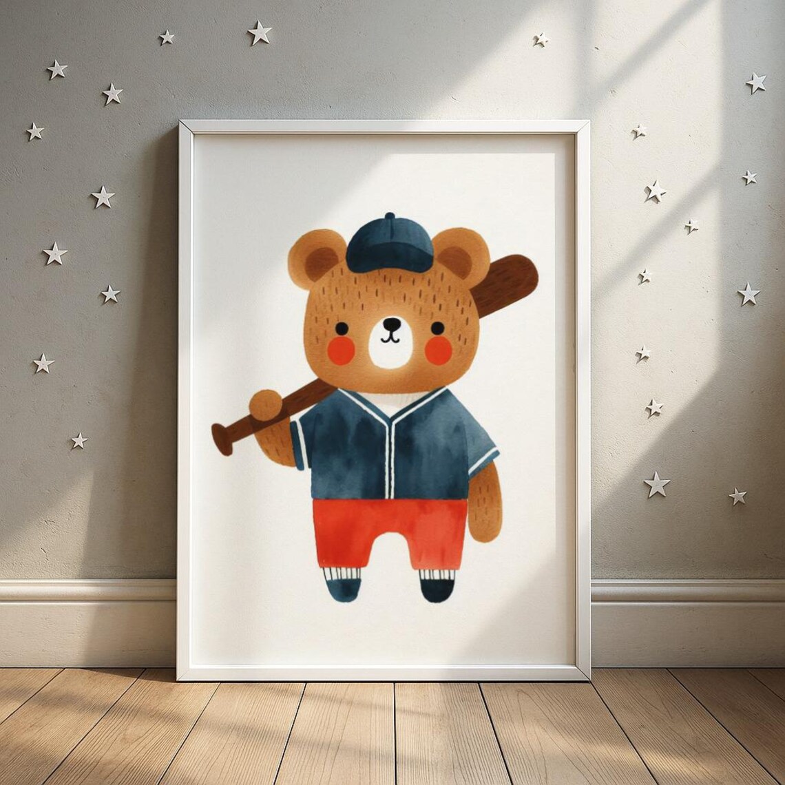 Cute Baseball Bear Player Bat And Cap Kids Nursery Sports Wall Art