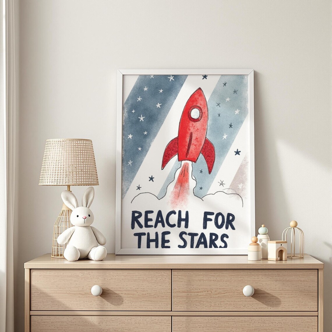 Reach For The Stars Red Rocket Kids Watercolor Quote Nursery Poster