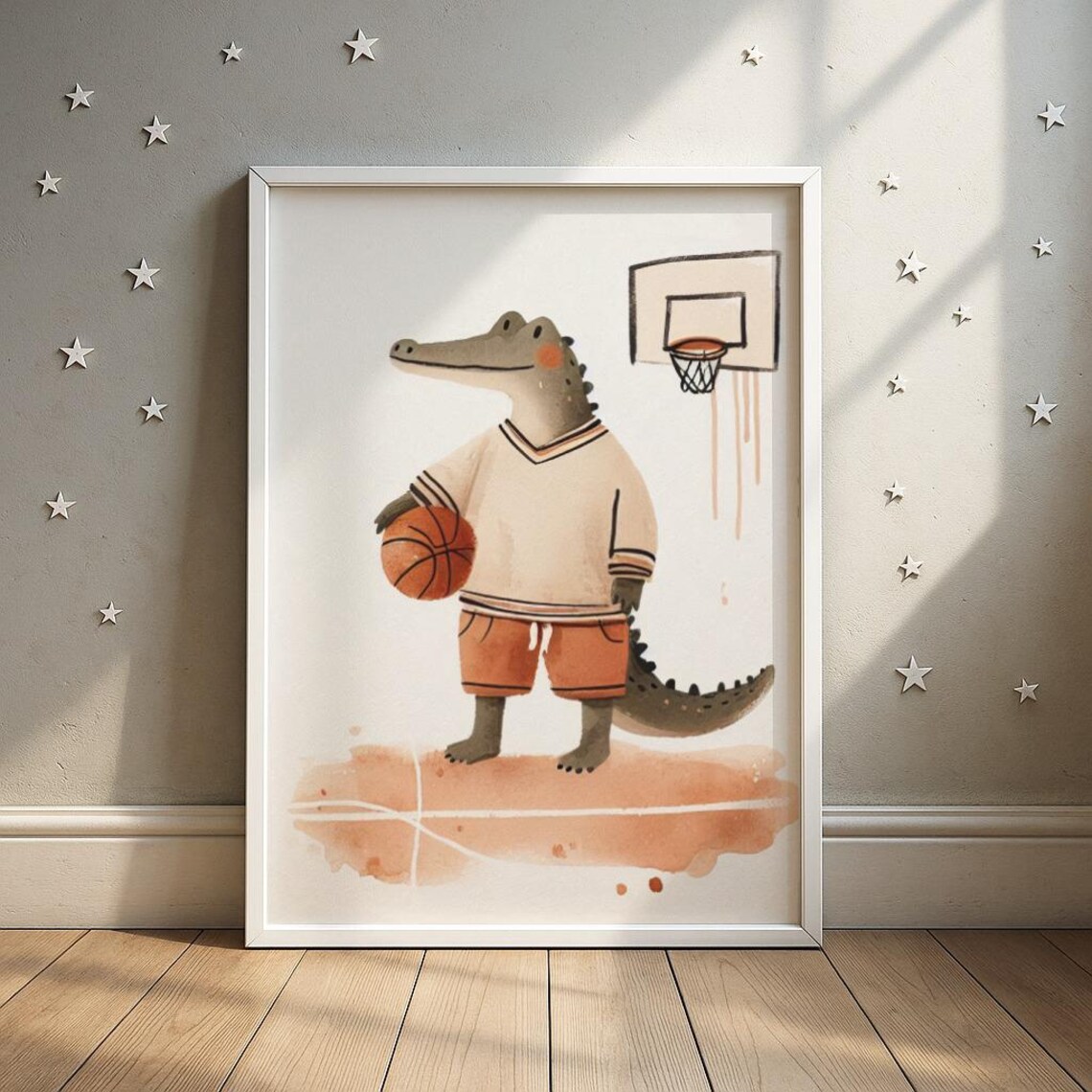 Alligator Basketball Player With Ball and Hoop Nursery Sports Print