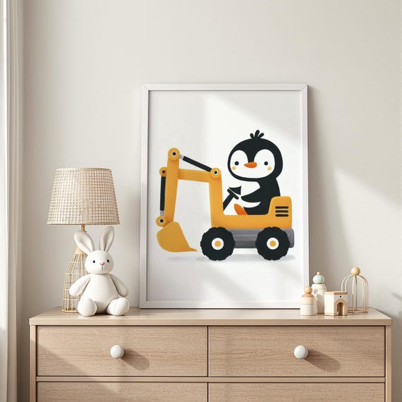 Penguin In Excavator Nursery Art Construction Illustration Toddler Room Decor