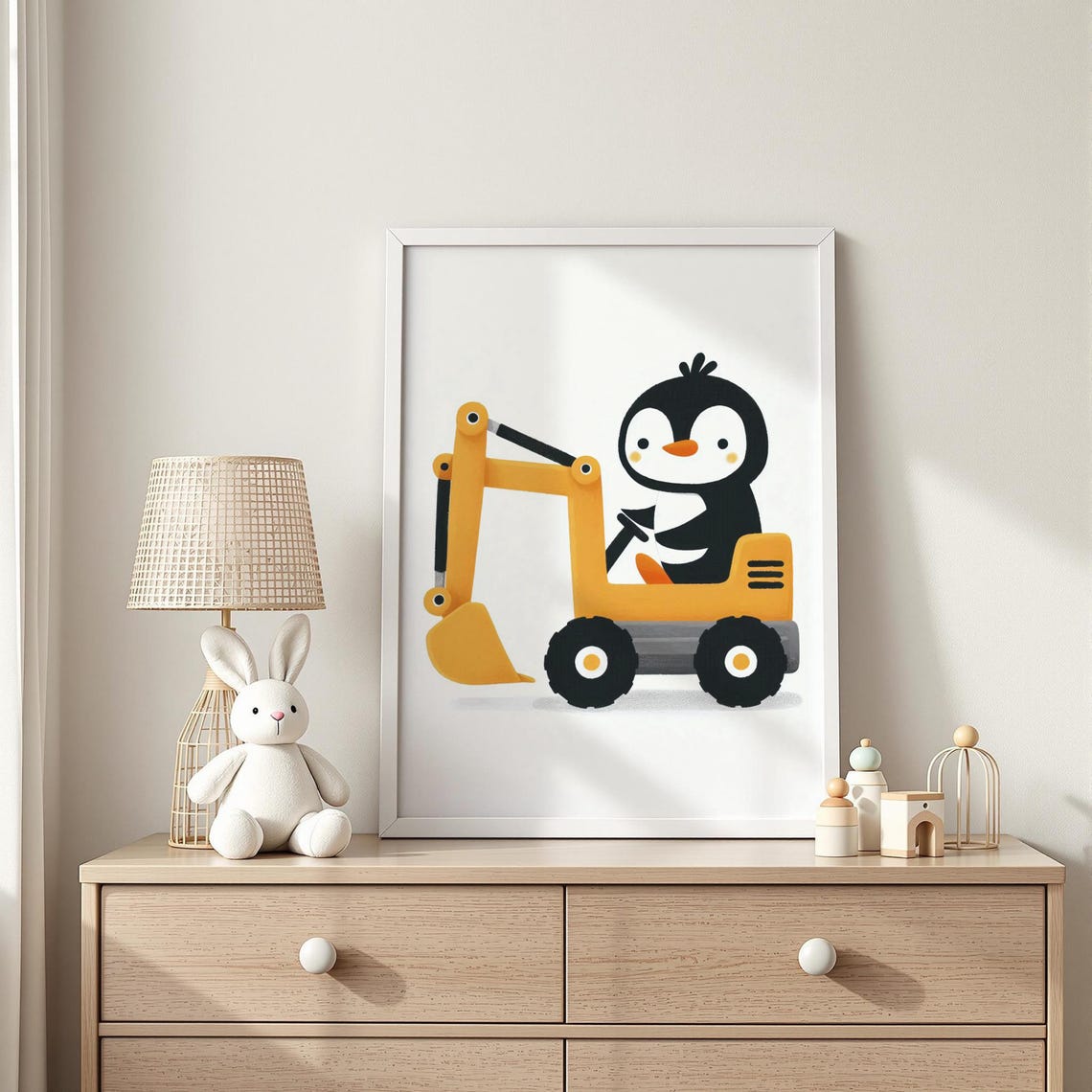 Penguin Driving Yellow Excavator Construction Kids Room Poster