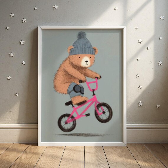 Cute Bear Riding Pink Bicycle With Beanie Kids Nursery Room Poster