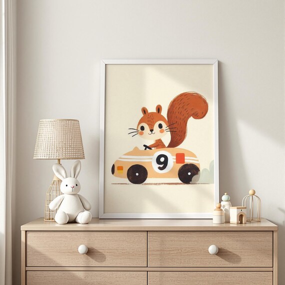 Squirrel Driving Orange Race Car Number Nine Nursery Watercolor Poster