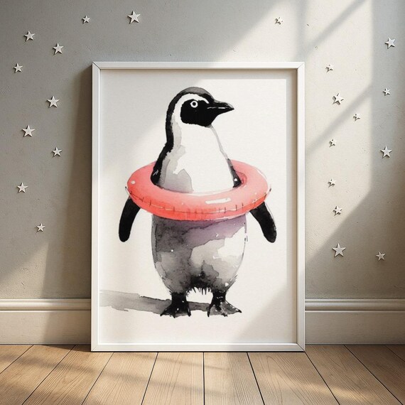 Penguin With Coral Swim Ring Cute Watercolor Summer Kids Poster