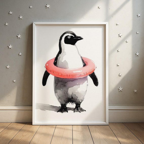 Penguin With Swim Ring Print Cool Beach Illustration Toddler Room Decor