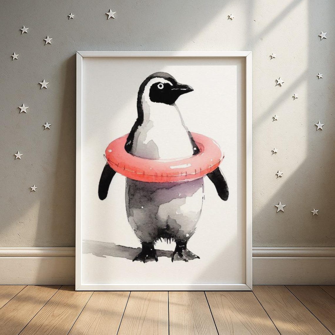 Penguin With Swim Ring Print Cool Beach Illustration Toddler Room Decor