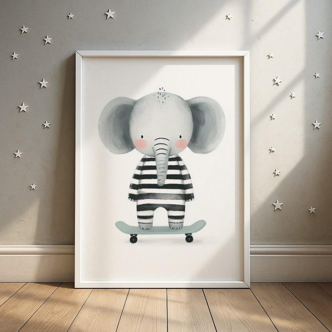 Striped Skate Elephant Art Print On Skateboard Illustration Kids Room Decor