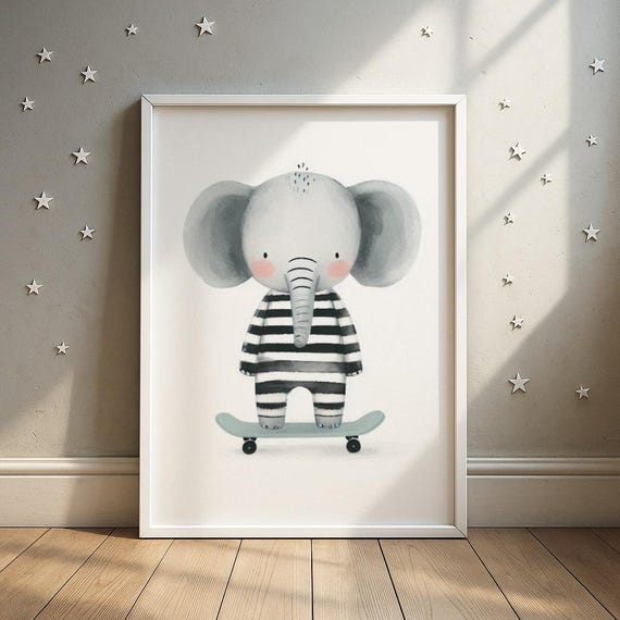 Striped Skate Elephant Art Print On Skateboard Illustration Kids Room Decor