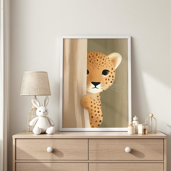 Shy Cheetah Cub Peeking Behind Curtain Safari Nursery Watercolor Poster