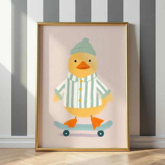 Pastel Duck in Beanie and Striped Shirt on Skateboard Poster
