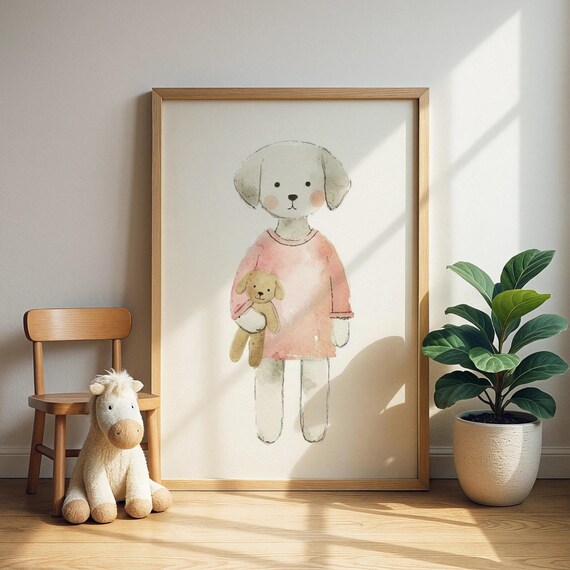 Puppy With Teddy Bear Print Sweet Dog Nursery Art Kids Room Decor Wall