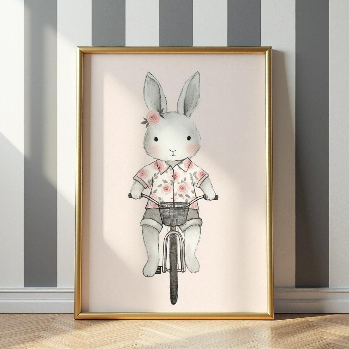 Bunny Riding Bicycle Floral Rose Shirt Watercolor Nursery Poster