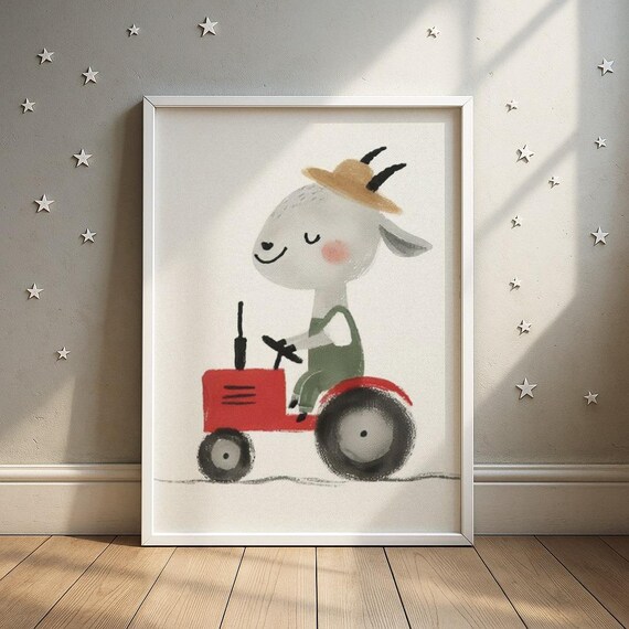 Goat Driving Red Tractor Cute Farm Animal Kids Nursery Print