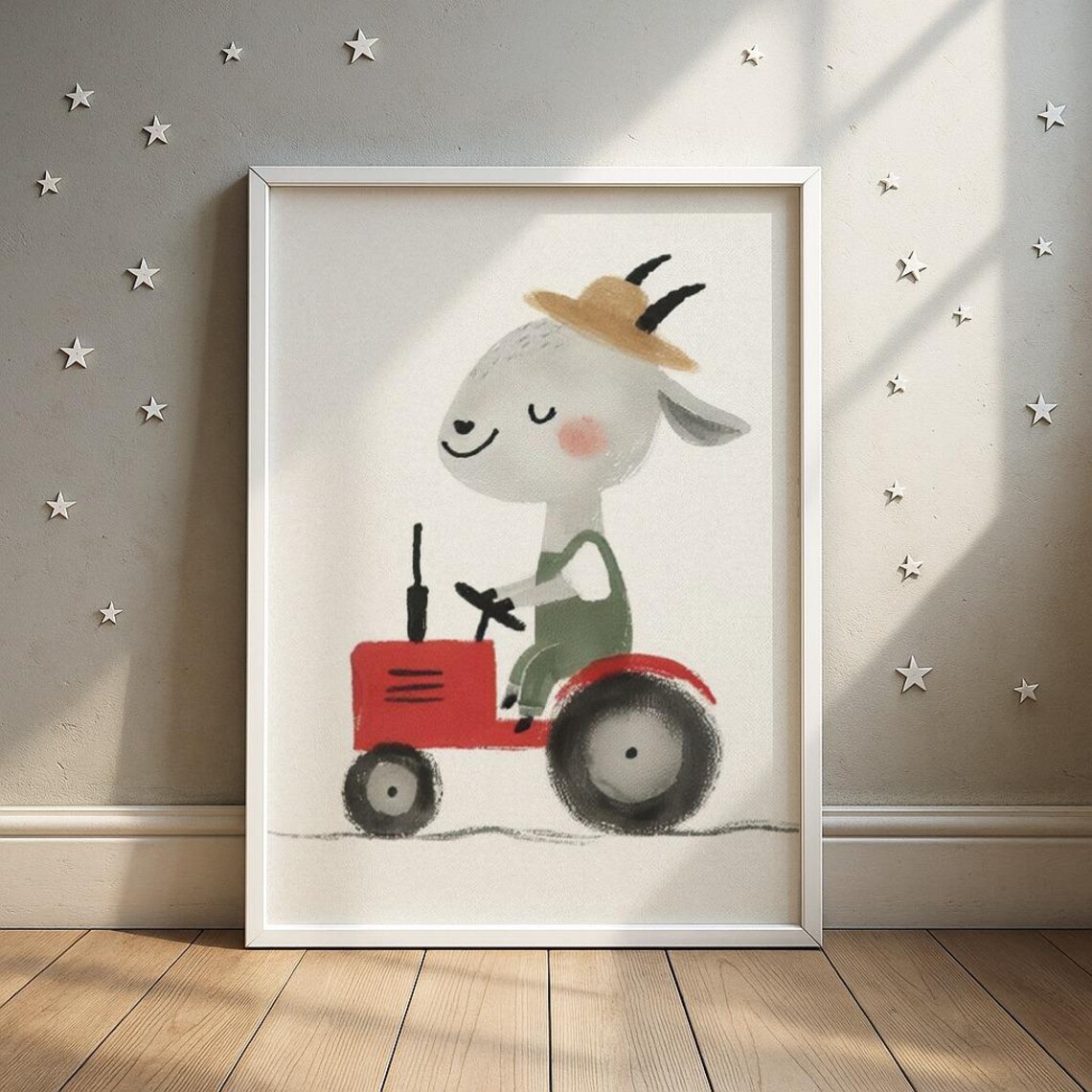 Goat Driving Red Tractor Cute Farm Animal Kids Nursery Print