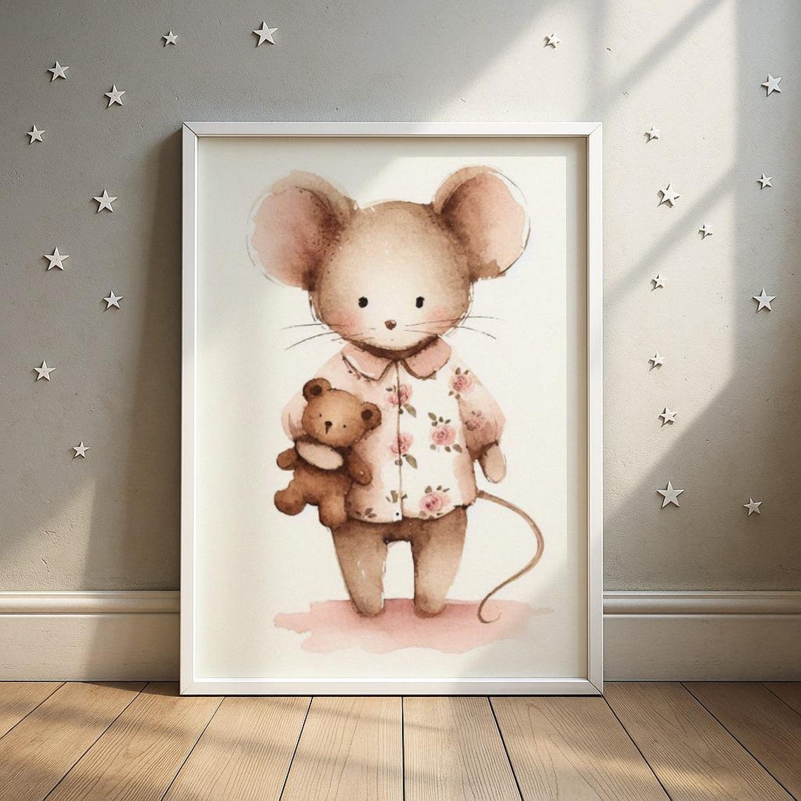 Teddy Bear Carrying Mouse Nursery Art Floral Pajama Illustration Baby Room Decor