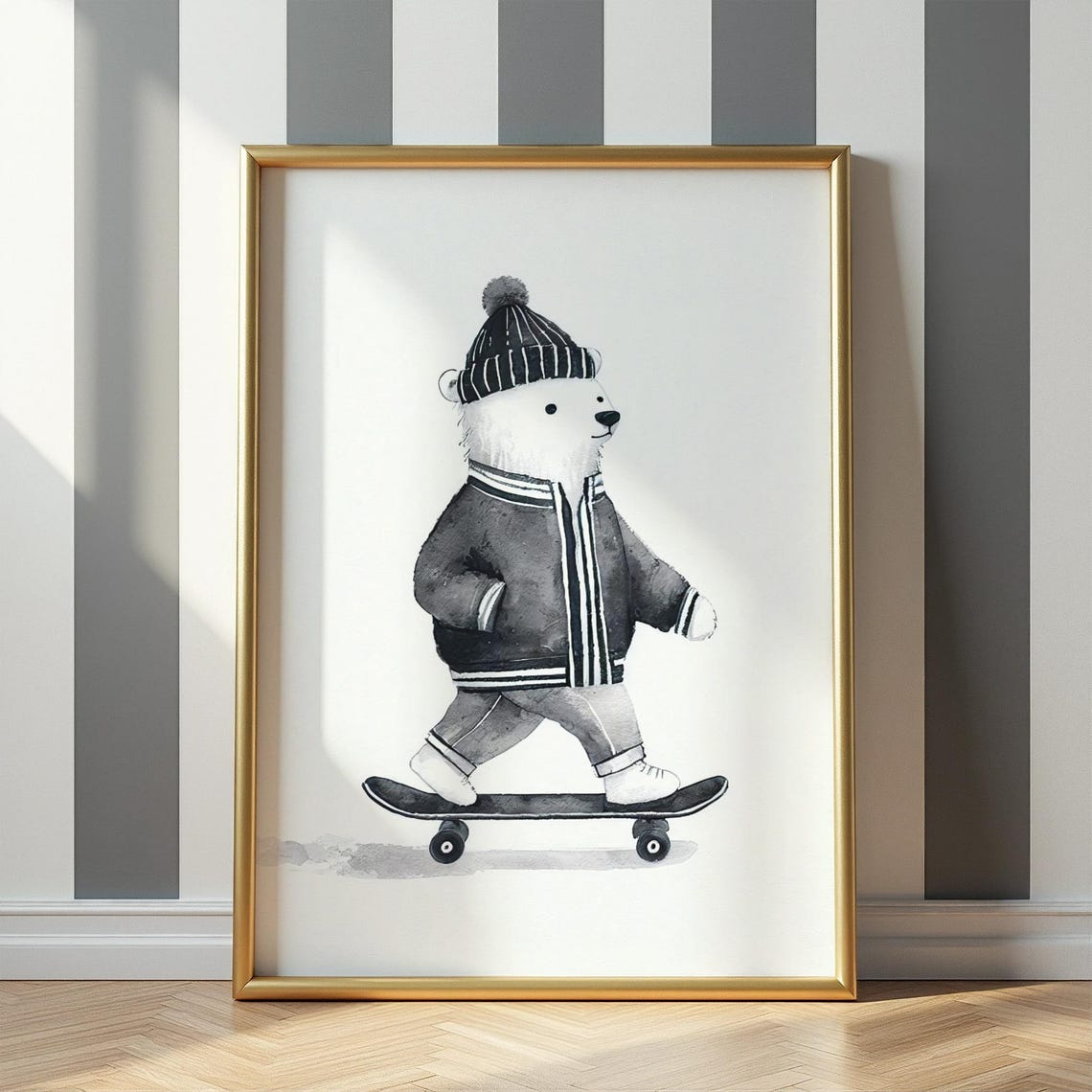 Black Jacket Skateboarding Rabbit Print Urban Bunny On Skateboard Illustration Kids Room Decor