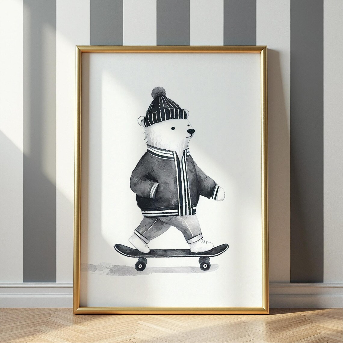 Polar Bear Skateboarding Black Jacket Striped Beanie Urban Poster