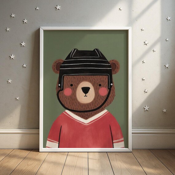 Cute Brown Bear Ice Hockey Helmet Red Jersey Kids Room Poster