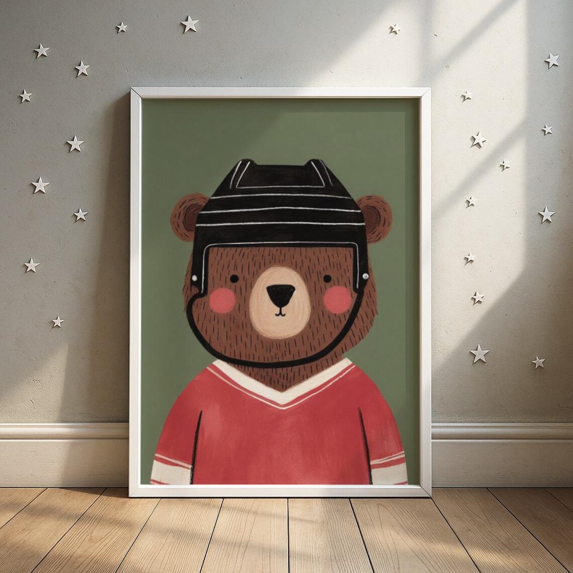 Cute Brown Bear Ice Hockey Helmet Red Jersey Kids Room Poster