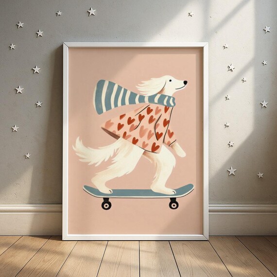 Skateboarding Dog Print Cool Nursery Art Kids Room Decor Wall