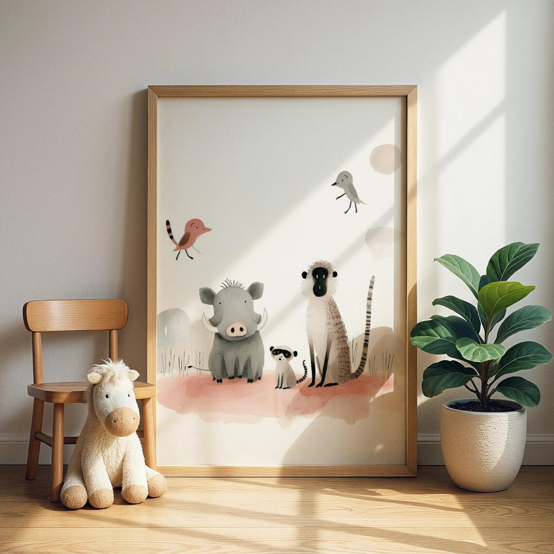 Safari Animal Trio Nursery Watercolor Poster Warthog Monkey Birds Art