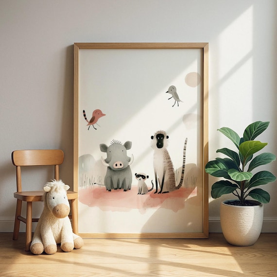 Safari Animal Trio Nursery Watercolor Poster Warthog Monkey Birds Art