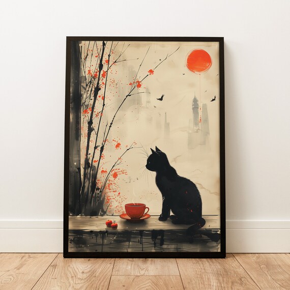 Black Cat Red Tea Cup Ink Wash Japanese Bamboo Sun Art Poster