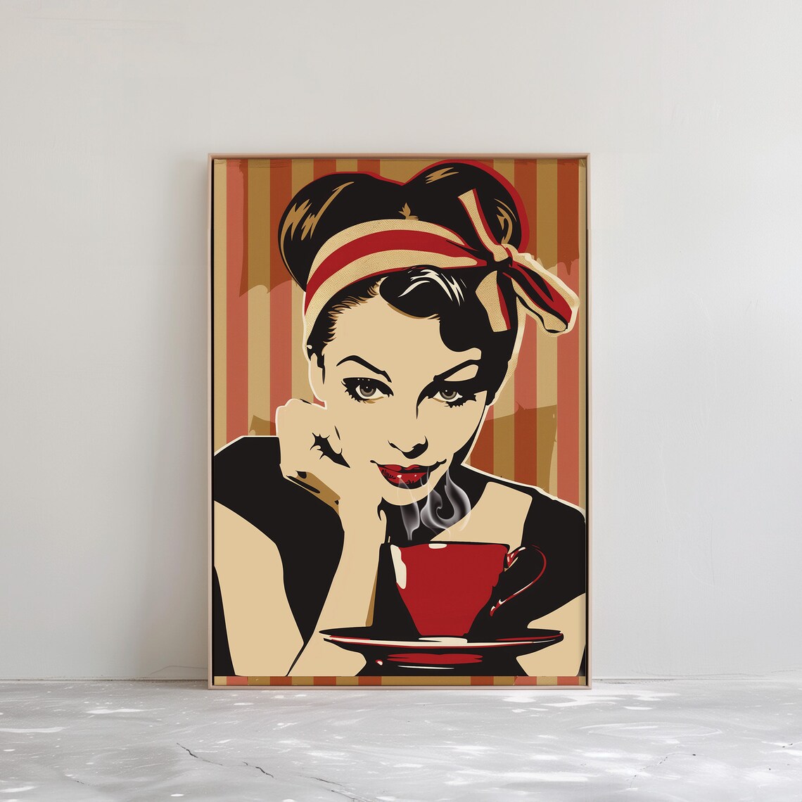 Retro Pin Up Woman with Steaming Red Coffee Cup Pop Art Poster