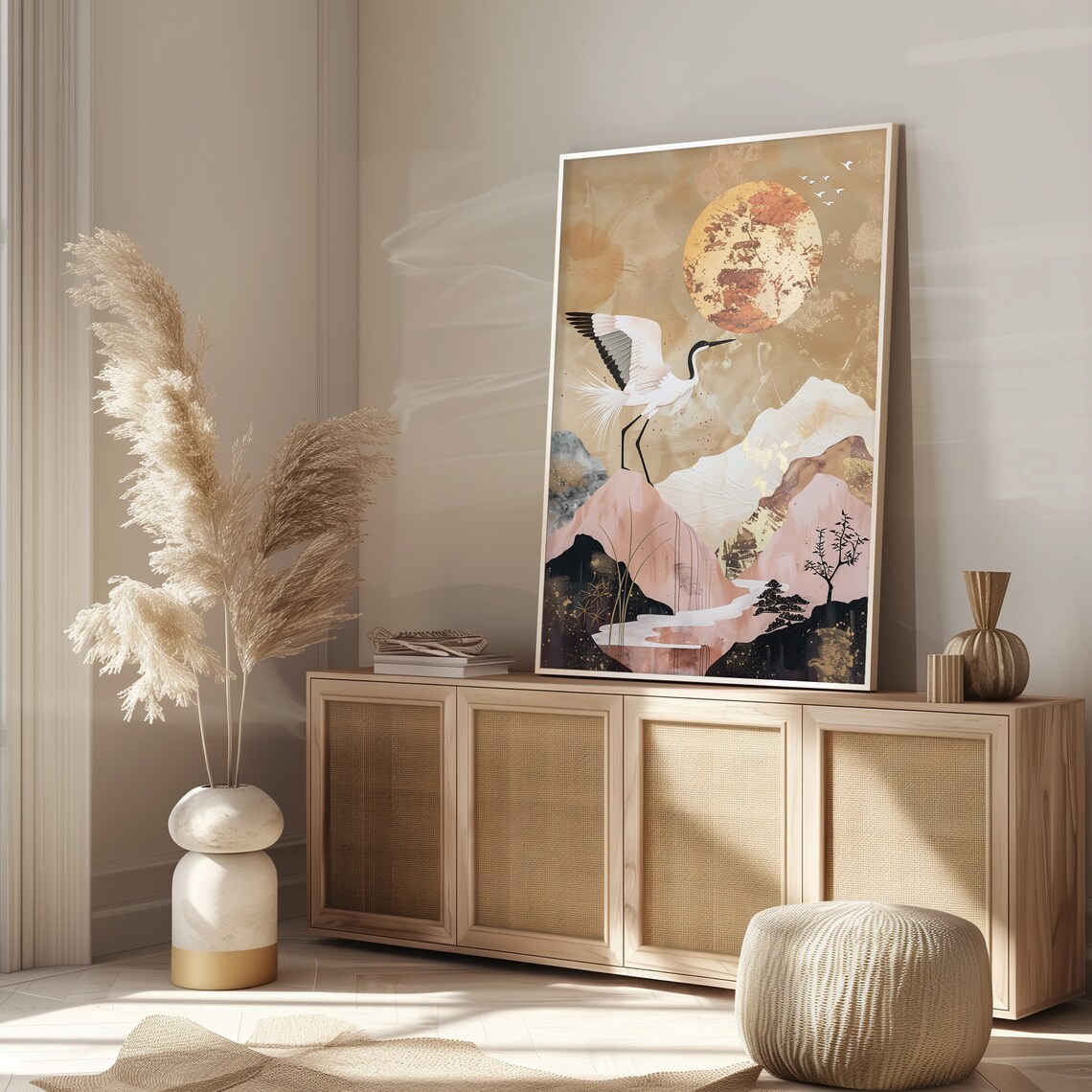 Golden Sun Crane Flying Over Pink Mountains Japanese Art Poster - Image 2