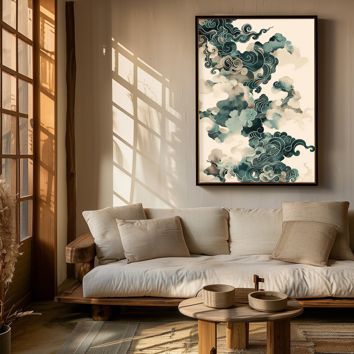 Japanese Wave Cloud Teal Ink Illustration Minimalist Art Poster - Image 4