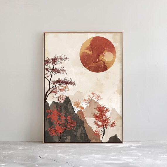 Mountain Landscape Japandi Wall Art Abstract Wabi Sabi Print Modern Japanese Decor