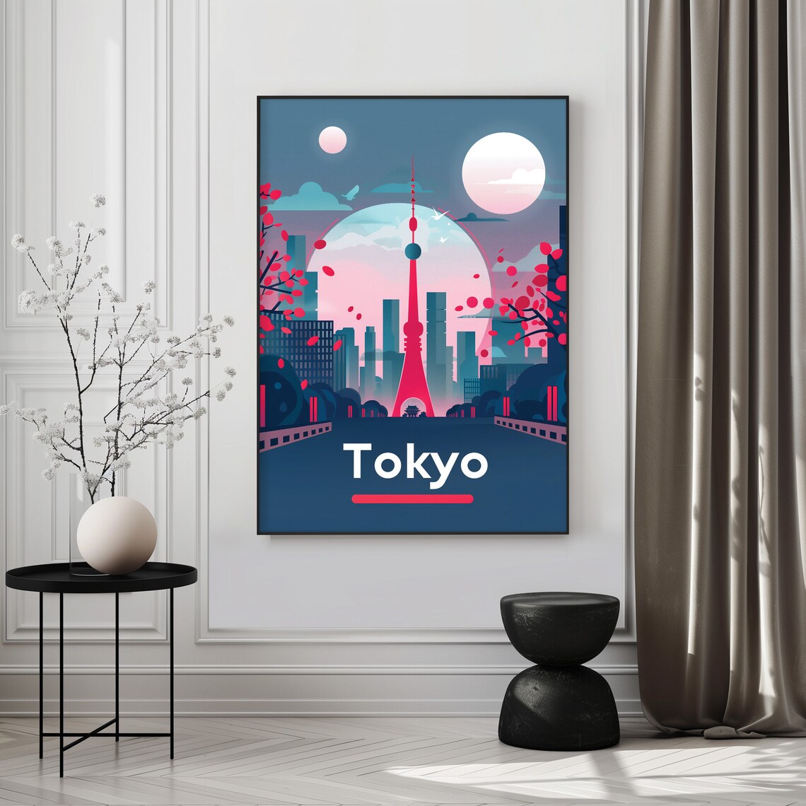 Tokyo Japan Tokyo Tower Cherry Blossom Moon Night Travel Poster - Image 5