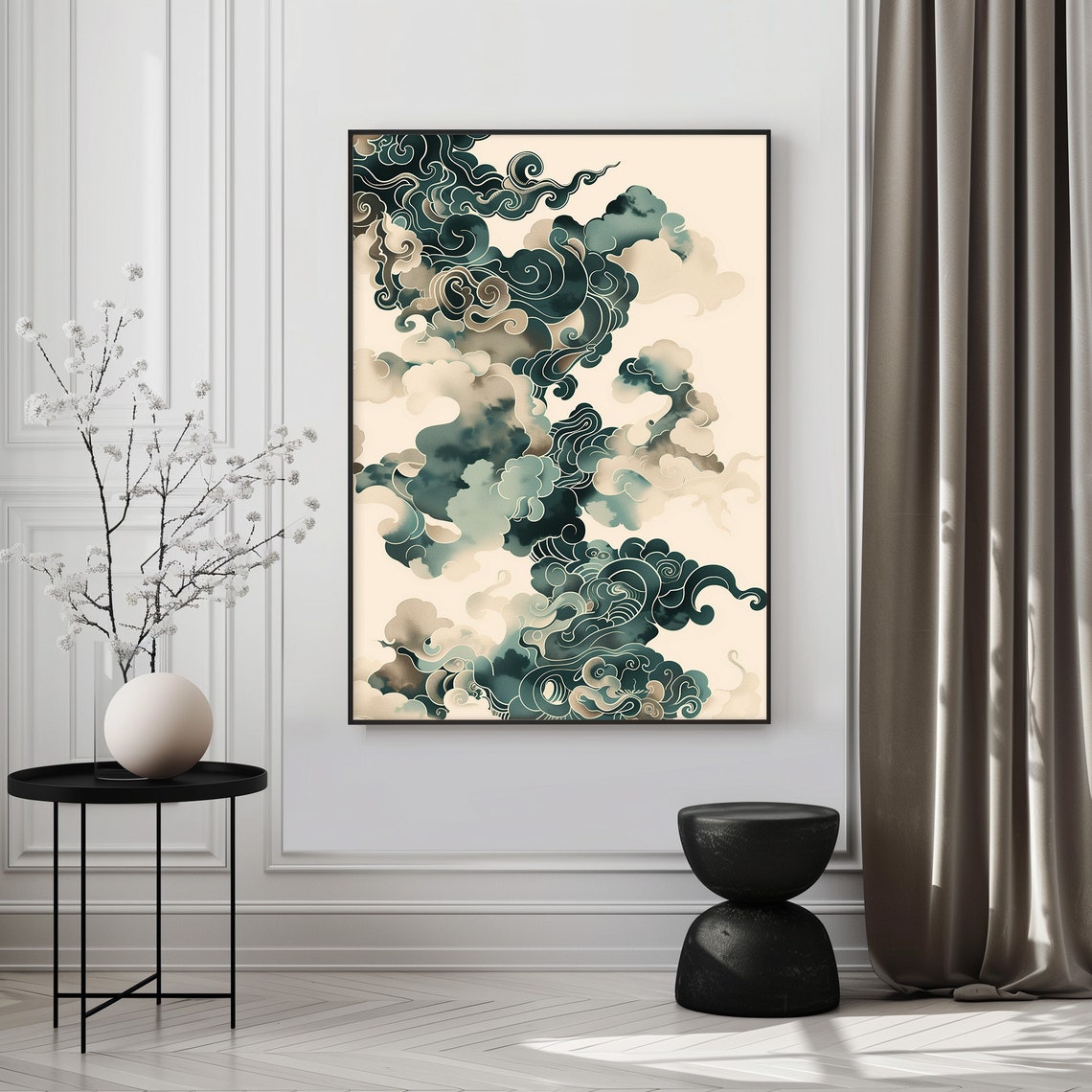 Japanese Wave Cloud Teal Ink Illustration Minimalist Art Poster - Image 2