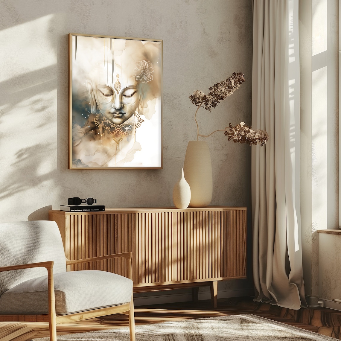 Serene Buddha Face Gold Mandala Spiritual Watercolor Art Poster - Image 3