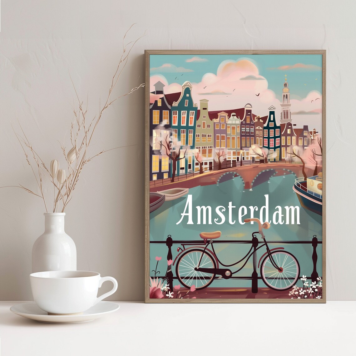 Amsterdam Netherlands Canal Bicycle Bridge Vintage Travel Poster - Image 2