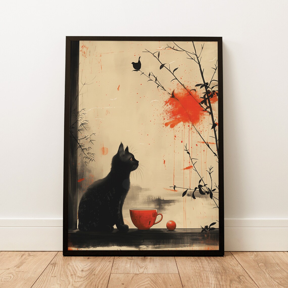 Black Cat Red Cup Ink Wash Bamboo Bird Minimal Asian Art Poster