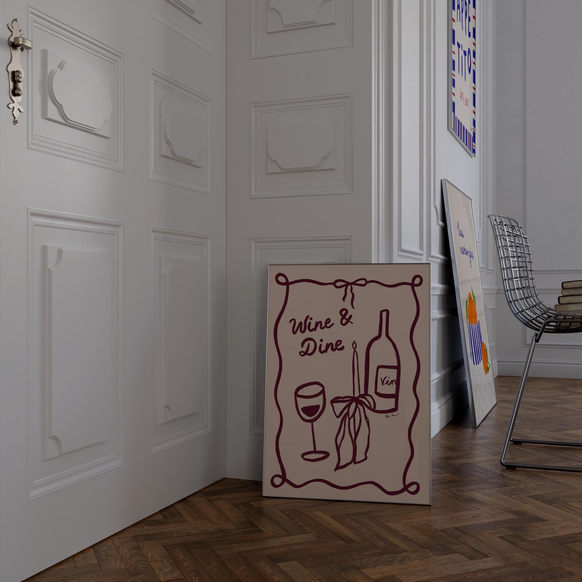 Wine And Dine Burgundy Line Art Glass Bottle Dinner Party Poster - Image 2