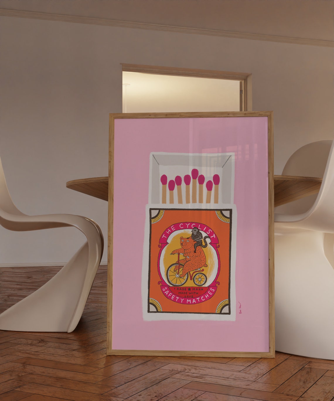 The Cyclist Vintage Safety Matches Cat Pink Retro Art Poster - Image 3