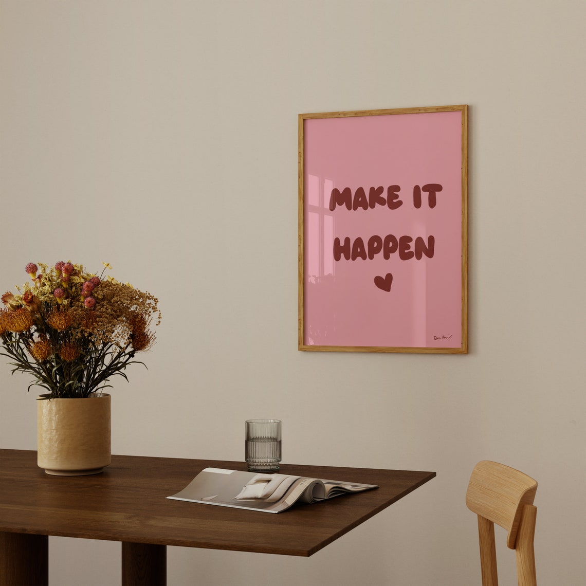 Make It Happen Burgundy Bubble Letter Pink Motivational Quote Wall Art - Image 2