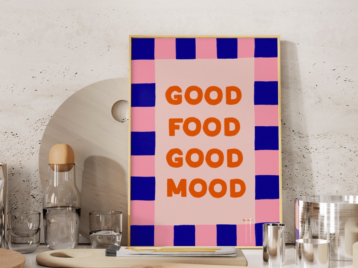 Good Food Good Mood Retro Pink Blue Checkered Kitchen Wall Art - Image 2