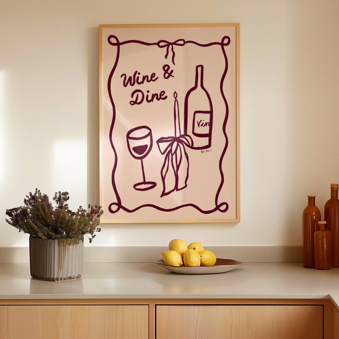 Wine And Dine Burgundy Line Art Glass Bottle Dinner Party Poster - Image 3