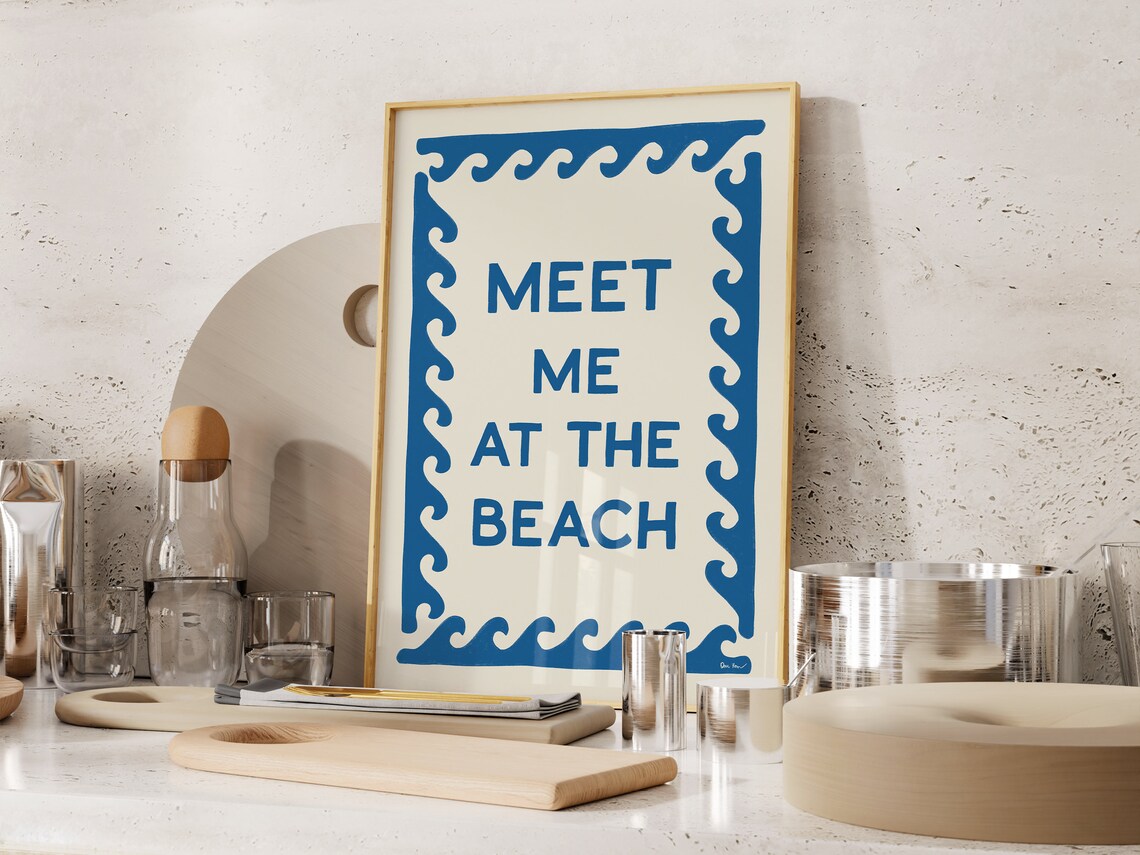 Meet Me At The Beach Blue Wave Border Coastal Summer Quote Wall Art - Image 2
