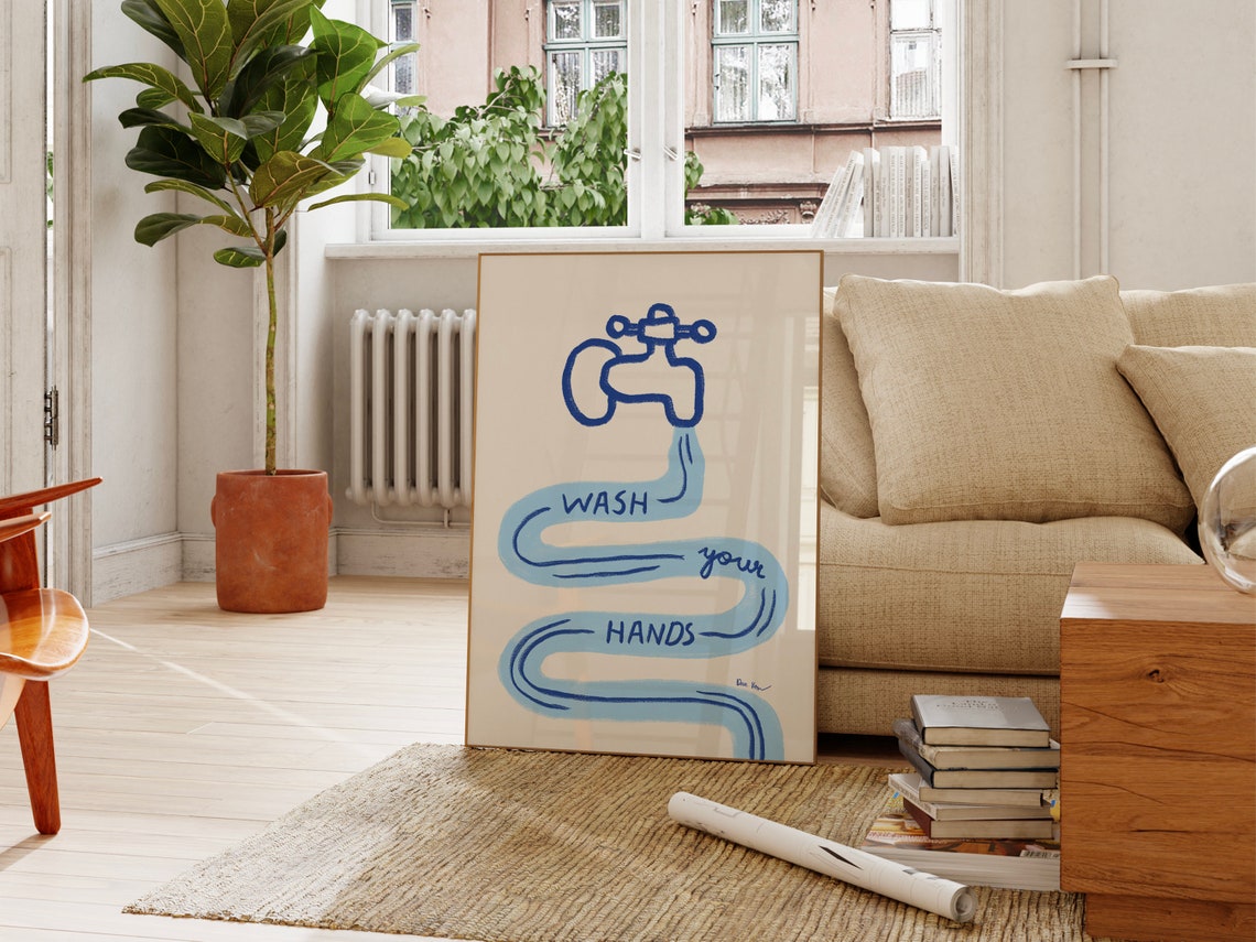 Wash Your Hands Blue Faucet Funny Bathroom Reminder Wall Poster - Image 2