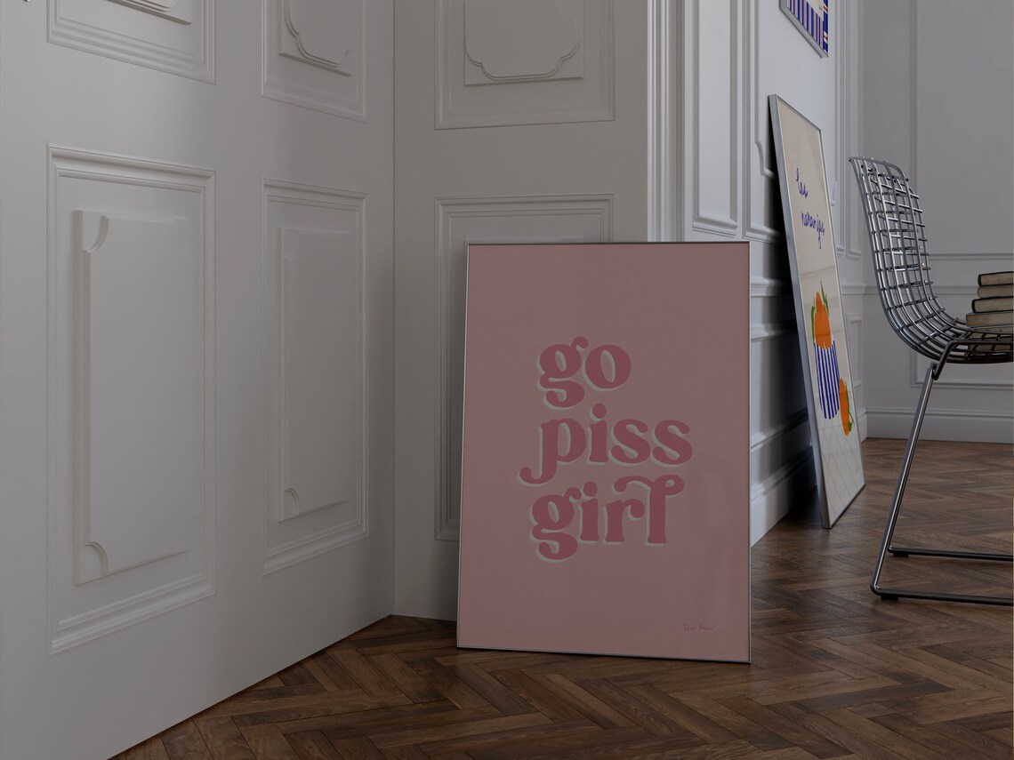 Go Piss Girl Pink Retro Bubble Letters Bathroom Quote Poster - Image 2