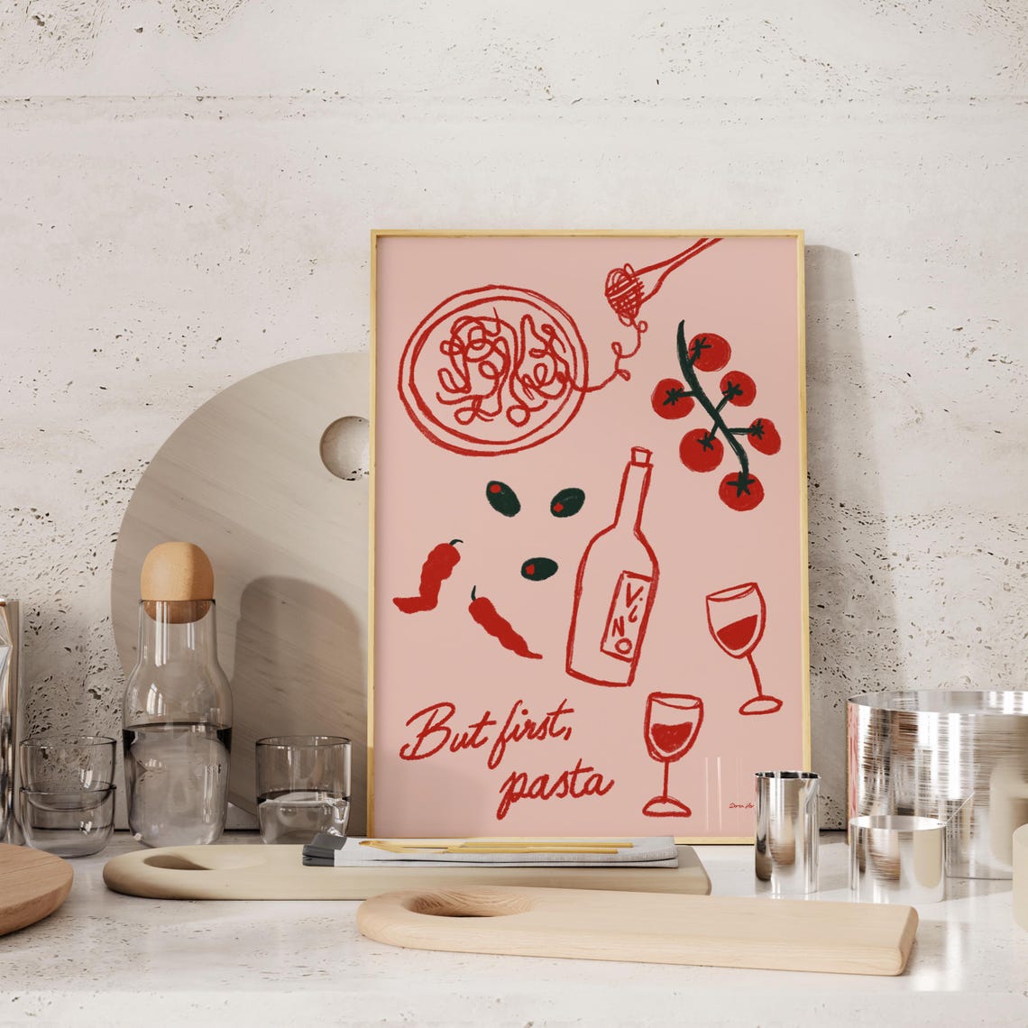 But First Pasta Cute Italian Food Illustration Doodles Pink Poster - Image 4