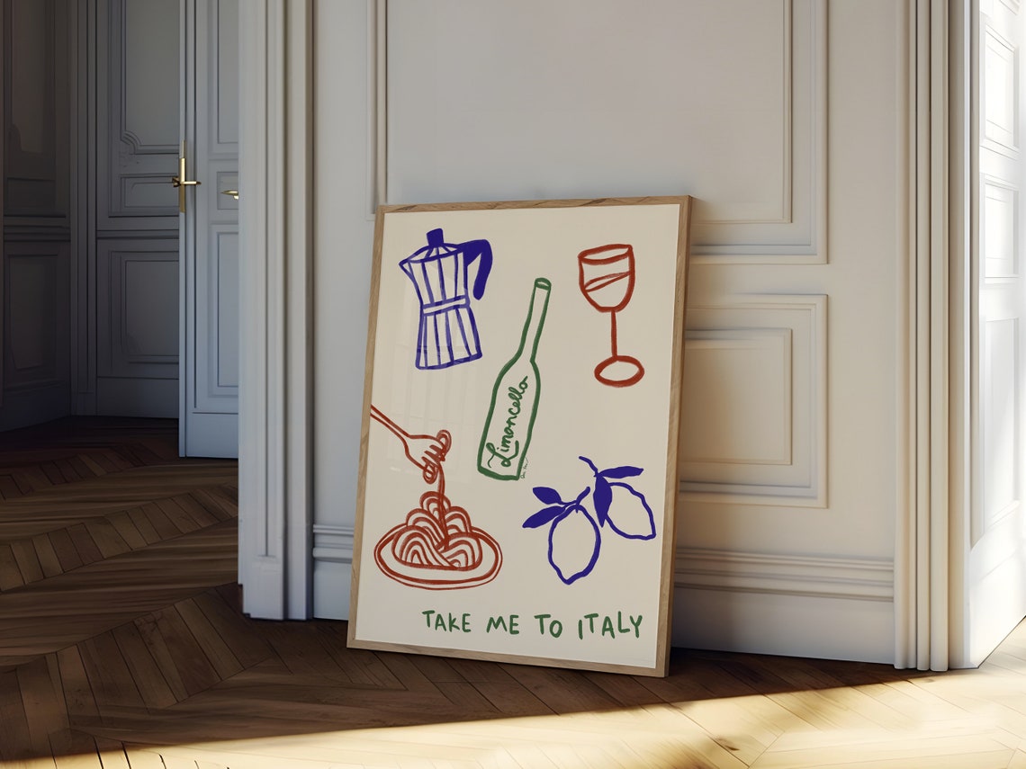 Take Me To Italy Pasta Limoncello Wine Hand Drawn Kitchen Poster - Image 2
